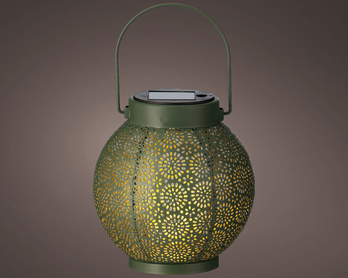 Green glass garden gazing ball on black metal stand, reflective decorative garden orb for borders and patios