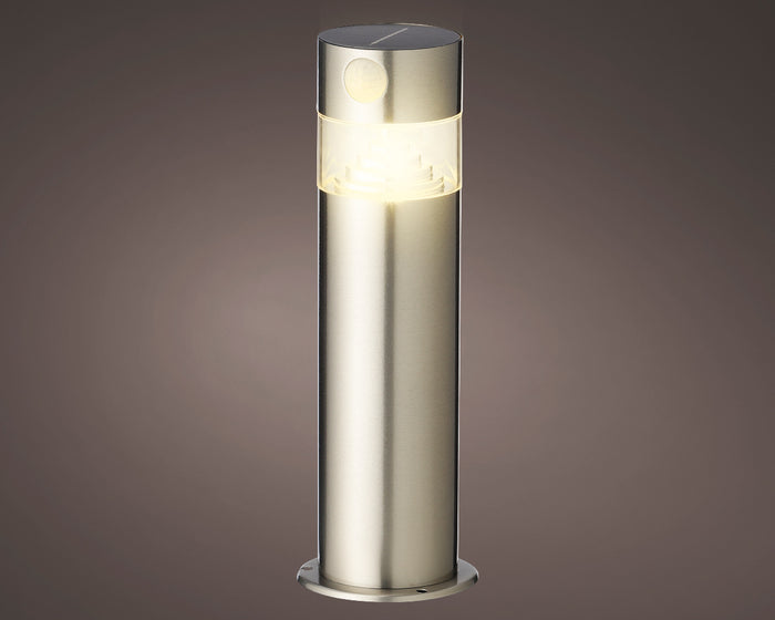 Solar-powered garden stake light with stainless steel finish and warm LED, ideal for paths, patios and borders