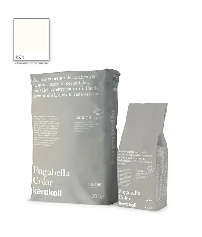 Two bags of Kerakoll Fugabella Color grout, one large and one small, with labels detailing product information.