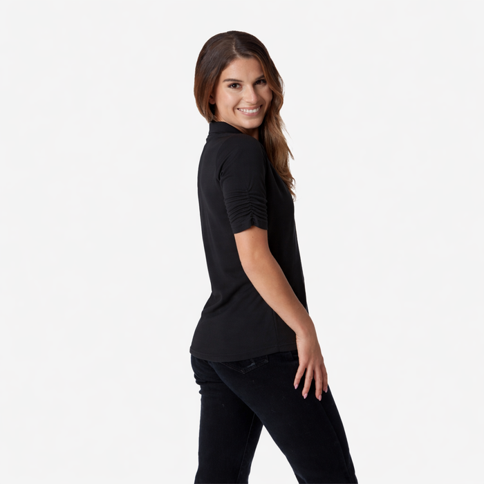 Ladies Black Ruched Sleeve Polo | New Season
