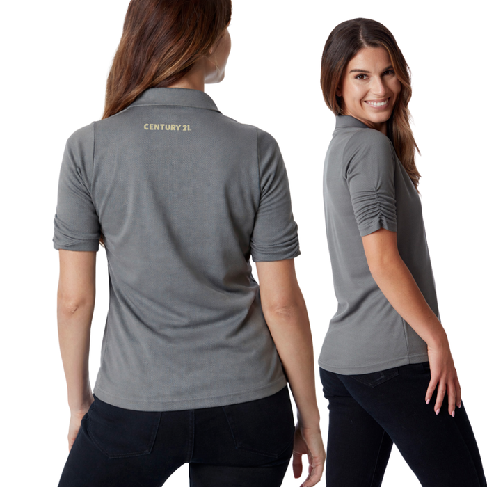 Ladies Grey Ruched Sleeve Polo | Close Out
