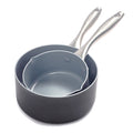 Two gray ceramic saucepans with metal handles, 1-quart and 2-quart, nested together on a white background.