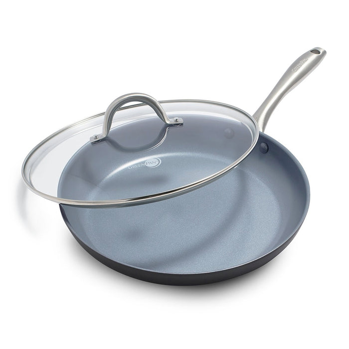 Hard-anodized nonstick 12-inch frypan with silver handle and glass lid, shown on a white background.