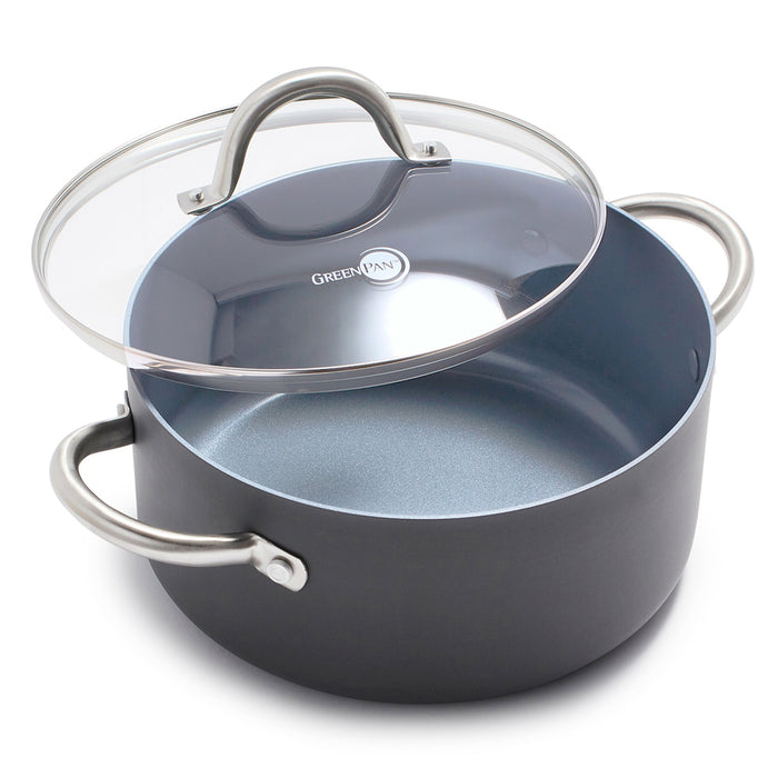 Gray 5-quart ceramic stockpot with two metal handles and a clear glass lid.