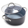 Gray 5-quart ceramic stockpot with two metal handles and a clear glass lid.
