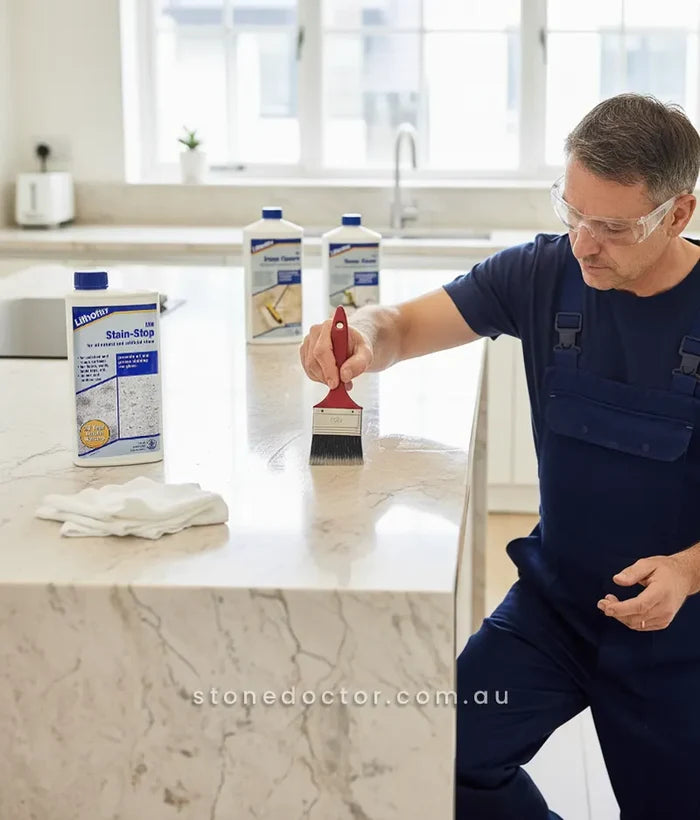 Lithofin MN Stone Care: Power Clean 1L + Stain Stop 1L - Stone Doctor Australia - Bench Care Kit