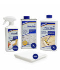 Lithofin cleaning products including a spray bottle, a bottle of stain stopper, and a power cleaner with a free cloth on a white background.