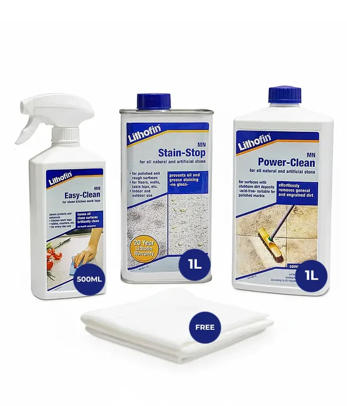 Lithofin cleaning products including a spray bottle, a bottle of stain stopper, and a power cleaner with a free cloth on a white background.