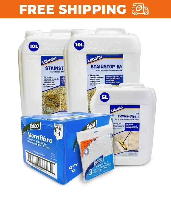 Cleaning products including Lithofin and Edco on a white background with free shipping text.