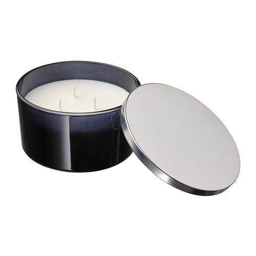 LOVTRAD scented cndl in glass w lid/3 wicks, 25hr, Black rose and sandalwood/grey