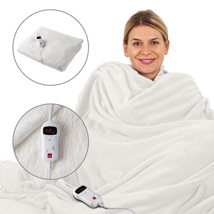 A collage showing a woman wrapped in a beige Sensio Home luxury heated throw electric blanket, the blanket's texture, and the remote control. - Buy Now Luxury Heated Throw Electric Blanket Cream