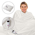 A collage showing a woman wrapped in a beige Sensio Home luxury heated throw electric blanket, the blanket's texture, and the remote control. - Buy Now Luxury Heated Throw Electric Blanket Cream