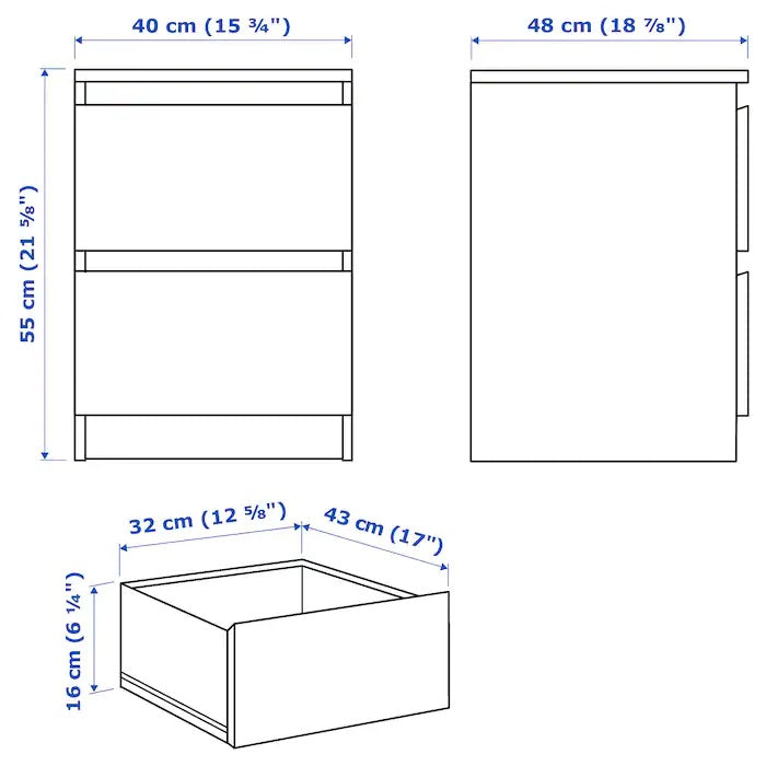 MALM Chest of 2 drawers, Black-brown, 40x55cm