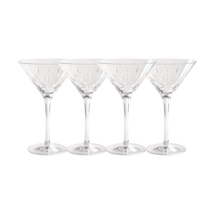 Sophistiplate LLC Martini Classic 4 Pack features clear, shatterproof, BPA-free 8 oz martini glasses with etched patterns, arranged side by side against a white background.