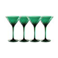 The Sophistiplate Martini Classic 4-pack features green 8 oz BPA-free shatterproof glasses with etched geometric patterns, arranged side by side on a white background.