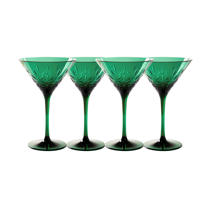 The Sophistiplate Martini Classic 4-pack features green 8 oz BPA-free shatterproof glasses with etched geometric patterns, arranged side by side on a white background.