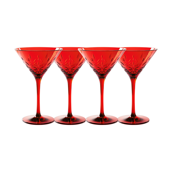 The Sophistiplate LLC Martini Classic 4 Pack features 8 oz red shatterproof glasses with a cut-glass pattern, shown side by side on a white background. Dishwasher safe and ideal for any occasion.