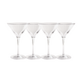 A set of four clear 8 oz BPA-free plastic martini glasses from Sophistiplate’s Martini Modern collection is arranged side by side in a row against a white background.