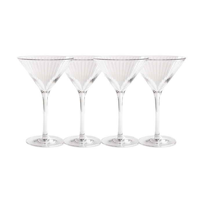 A set of four clear 8 oz BPA-free plastic martini glasses from Sophistiplate’s Martini Modern collection is arranged side by side in a row against a white background.