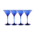 The Sophistiplate Martini Modern Cobalt set includes four 8 oz BPA-free plastic martini glasses with ribbed detailing, arranged in a row on a white background. Stylish and dishwasher safe for easy cleaning.