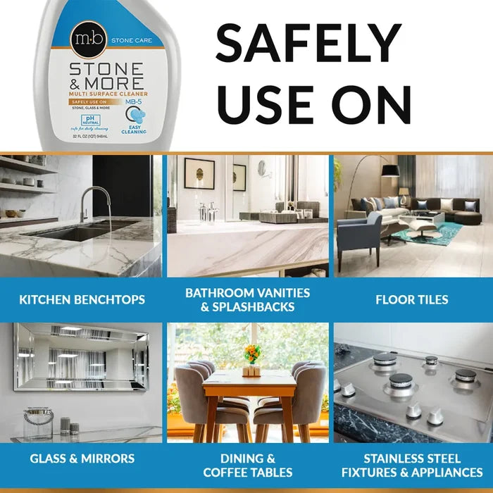 Advertisement for a stone and more cleaner with images of its application on various surfaces.