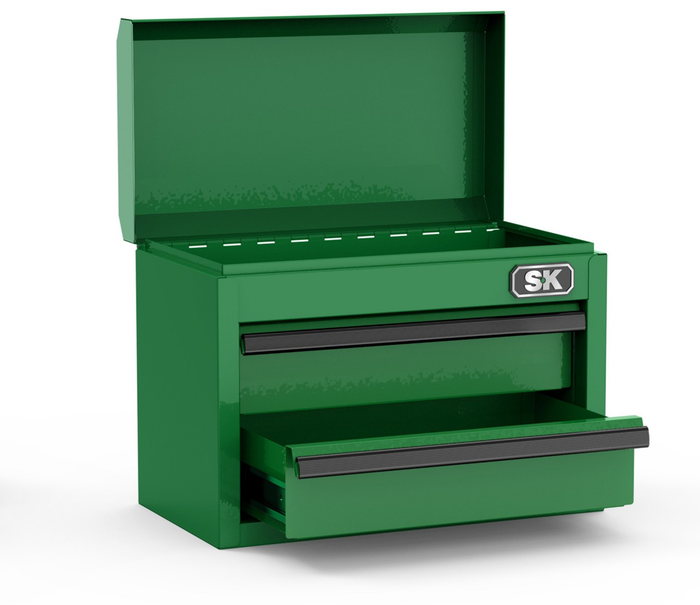 Green SK Tools USA Mini Tabletop Toolbox with two drawers and a hinged lid for easy access