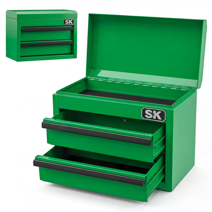 Mini Tabletop Toolbox by SK Tools USA, LLC green storage toolbox with open lid and black insert trays for gear