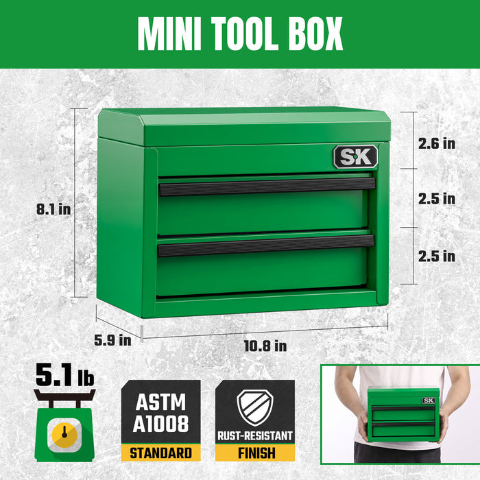 Mini Tabletop Toolbox SK Tools USA, LLC green mini toolbox with SK logo and ribbed drawer rails.