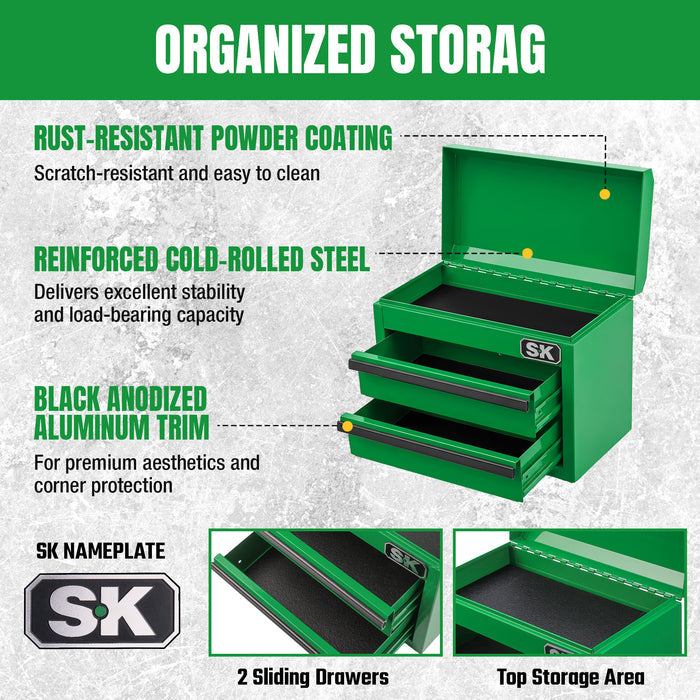 Mini Tabletop Toolbox by SK Tools USA, LLC in green with black aluminum trim, sliding drawer steel storage