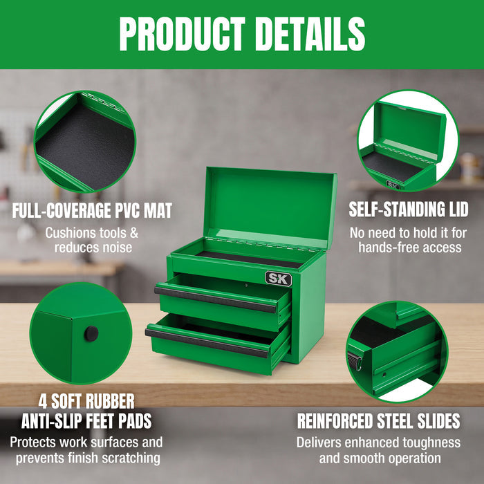 Mini Tabletop Toolbox by SK Tools USA, LLC in green with cushioned PVC mat and self-standing lid