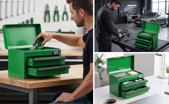 Mini Tabletop Toolbox SK Tools USA, LLC compact tabletop tool storage in green with three drawer trays