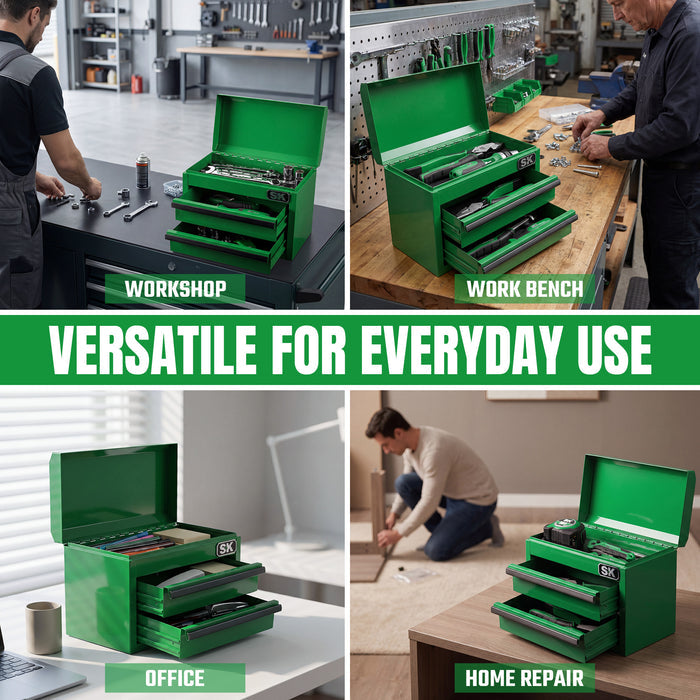 Mini Tabletop Toolbox by SK Tools USA, LLC in green metal storage with open tool trays for workshop use