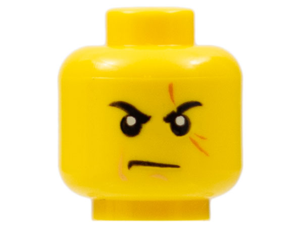 Minifigure, Head Black Eyebrows, Dark Orange Scar Across Left Eye, Nougat Cheek Line and Chin Dimple, Scowl Pattern