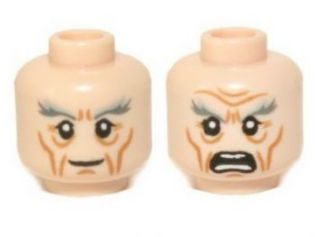 Minifigure, Head Dual Sided LotR Gandalf Thick Gray Eyebrows, Smile / Angry Pattern