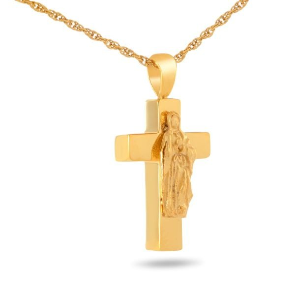 Mother Mary on Gold/Stainless Steel Pendant Funeral Cremation Urn w/Necklace