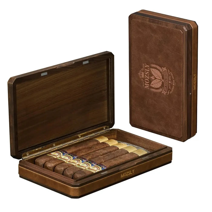MOZSLY Portable Walnut Wood & Leather Travel Cigar Humidor Box - The Baron