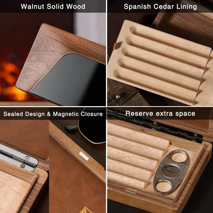 MOZSLY Portable Walnut Wood Cigar Box -- MOZSLY