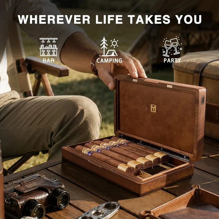 MOZSLY Portable Walnut Wood Travel Cigar Humidor Box-Capo Pro (With Digital Display)
