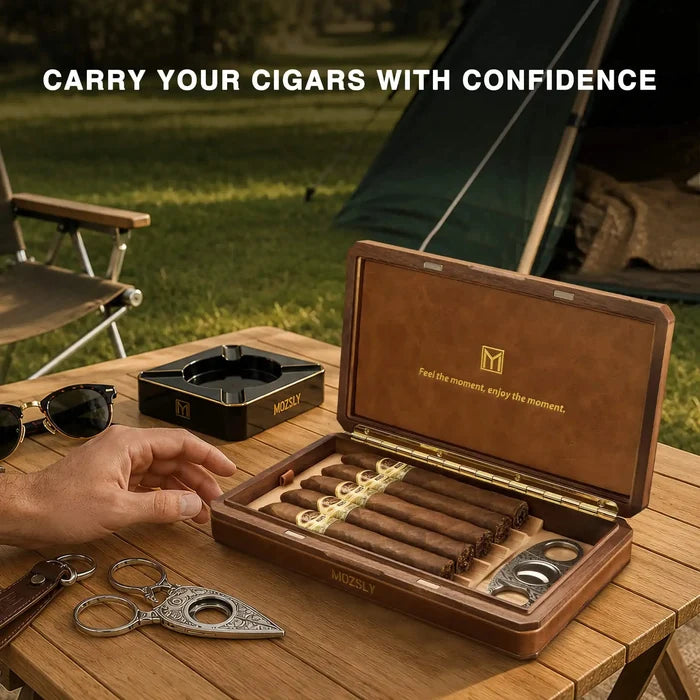 MOZSLY Portable Walnut Wood Travel Cigar Humidor Box-The Don Series MOZSLY