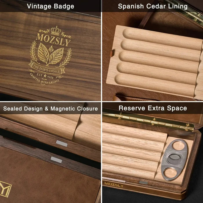 MOZSLY Portable Walnut Wood Travel Cigar Humidor Box-The Don Series MOZSLY