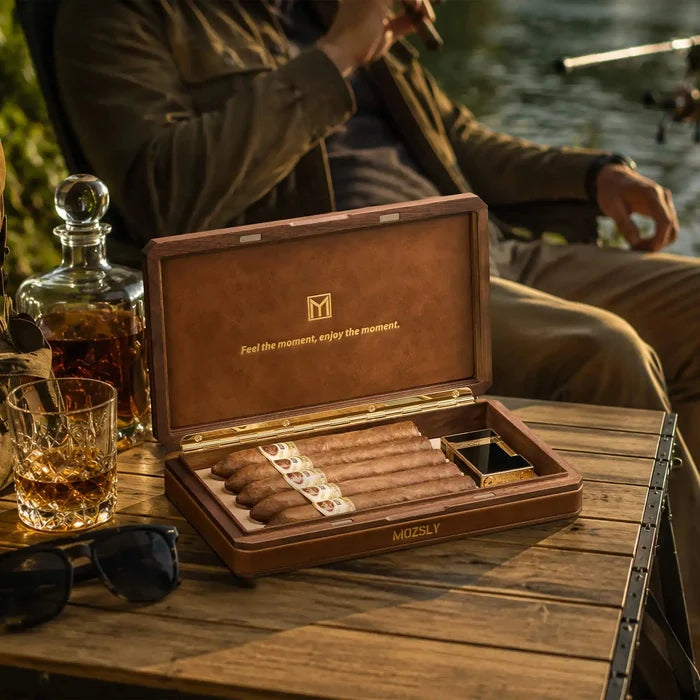 MOZSLY Portable Walnut Wood Travel Cigar Humidor Box-The Don Series MOZSLY