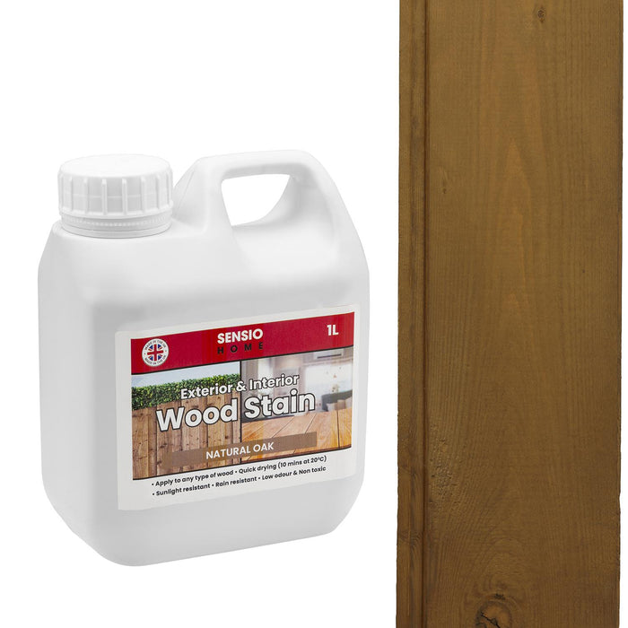 A white plastic bottle with a handle labeled 'Sensio Home Natural Oak Wood Stain Big Value 1L Size Water Based Non Toxic' alongside a wooden surface showing the stained effect. Natural Oak Wood Stain Big Value 1L