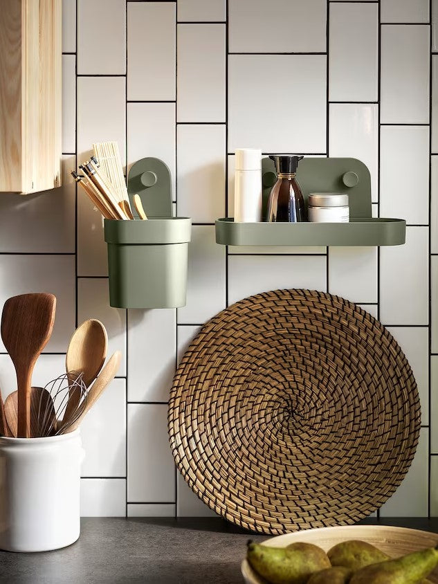 OBONAS Wall shelf with suction cup, Grey-green, 28cm