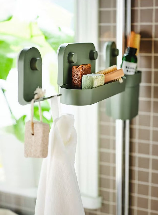 OBONAS Wall shelf with suction cup, Grey-green, 28cm
