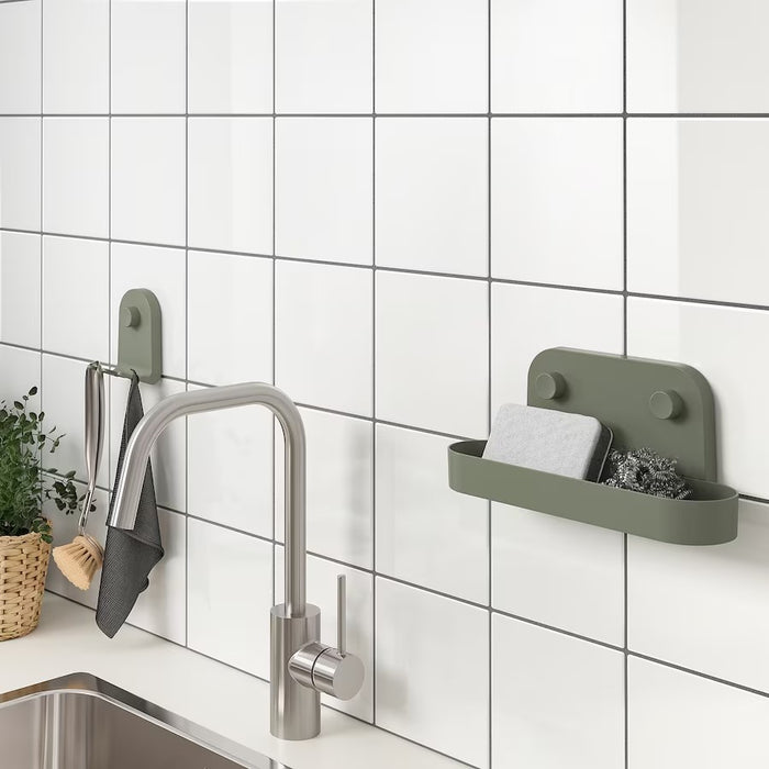 OBONAS Wall shelf with suction cup, Grey-green, 28cm