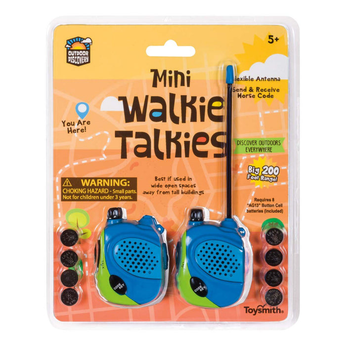 The Outdoor Discovery Mini Walkie Talkie by Outdoor Discovery is perfect for kids ages 5+. Features include a flexible antenna, Morse code, and 200 ft range—great for outdoor adventures. Comes in blue and green.