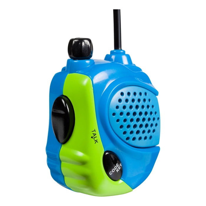 A close-up of the Outdoor Discovery Mini Walkie Talkie by Outdoor Discovery, featuring a black antenna, round speaker holes, and TALK and CODE KEY buttons—ideal as a kids' communication toy for outdoor adventures.