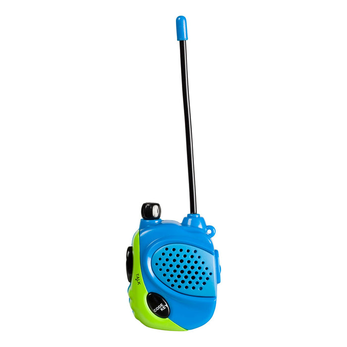 The Outdoor Discovery Mini Walkie Talkie by Outdoor Discovery features a blue and green handheld design, long black antenna, speaker, black dial, and push-to-talk button—perfect for kids' communication on outdoor adventures.