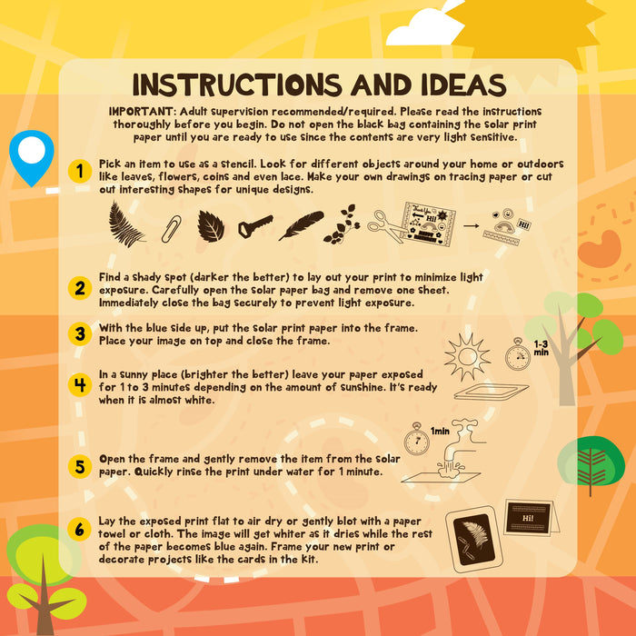 The Outdoor Discovery Solar Print Kit by Outdoor Discovery includes illustrated instructions for making sun prints: select objects, expose to sunlight, rinse with water, and dry. Decorated with fun icons and a nature-inspired background.