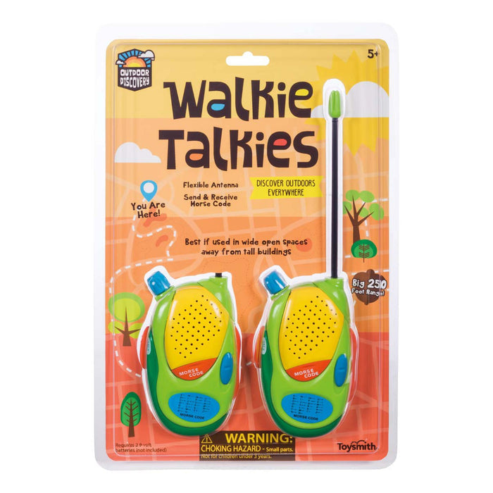 Outdoor Discovery Walkie Talkie by Outdoor Discovery for ages 5+ comes in yellow, green, and orange packaging. These compact, battery-powered devices offer a 250-foot range—perfect for outdoor use. Safety warnings are included.